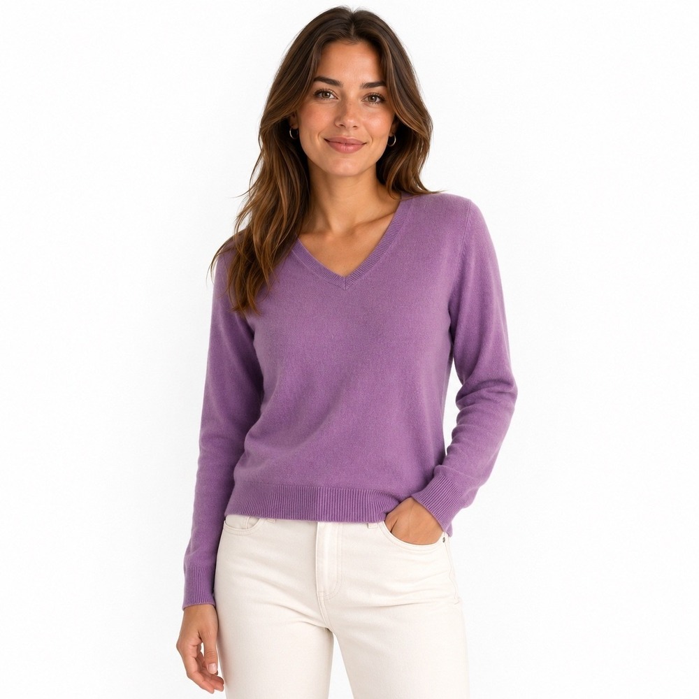 100% Cashmere Alex Marie Sweater Medium Purple V-Neck Long Sleeve Pullover